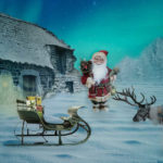 Illustrazione con casa di babbo natale, slitta e renna