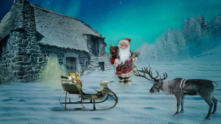 Illustrazione con casa di babbo natale, slitta e renna