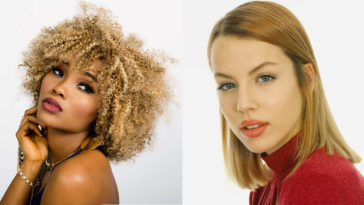 Modella con capelli ricci e capelli lisci