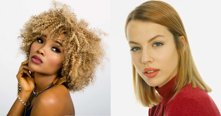 Modella con capelli ricci e capelli lisci
